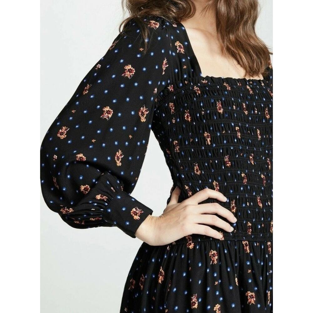 Free People Two Faces Mini Dress Womens XS Puff Sleeves Smocked Milkmaid Black